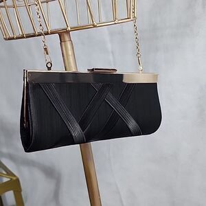 Black Satin Evening Bag with Gold Tone Chain Vintage